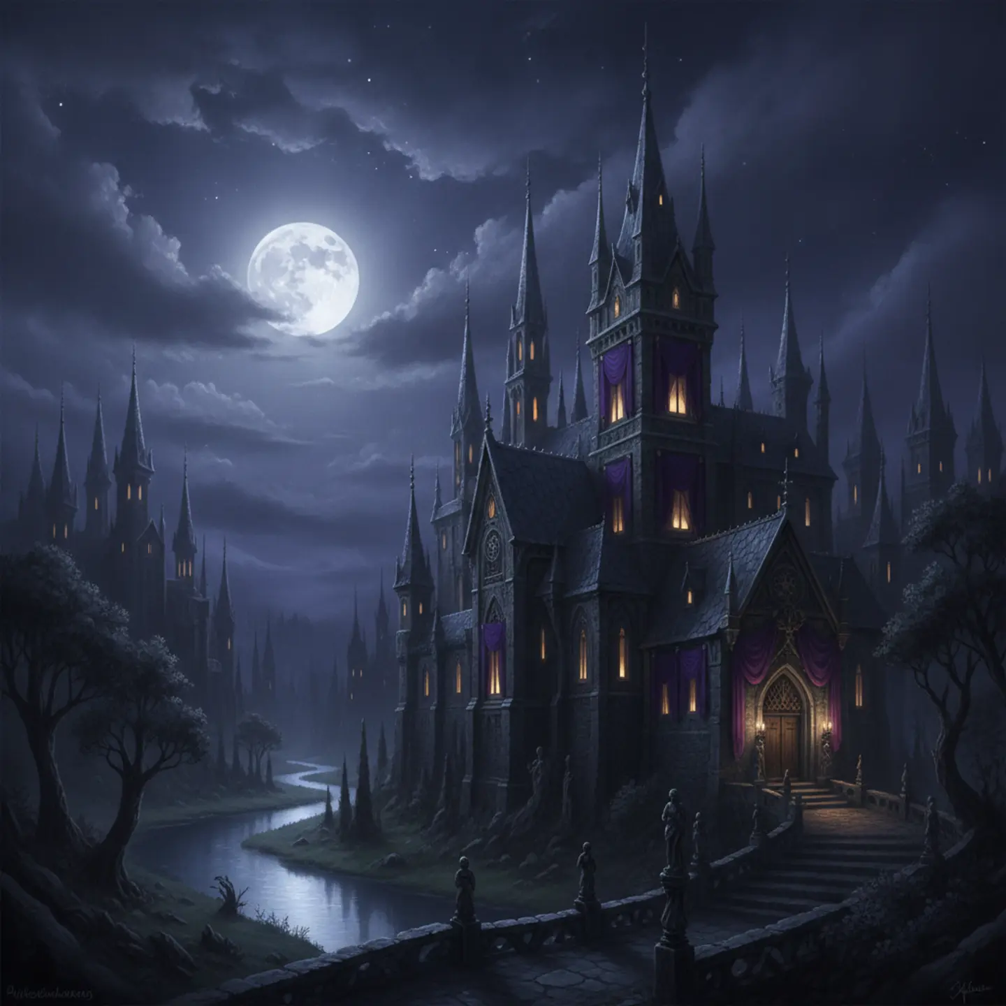 A towering gothic castle bathed in silver moonlight